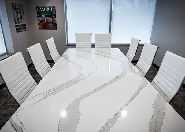 Lake Quartz's showroom demonstrates how Cambria quartz can turn a board room table into a statement piece.