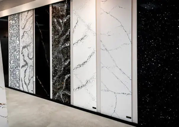 Lake Quartz Gallery offers customers an area to view large, vertical slabs to get a better idea of how a longer piece may look.